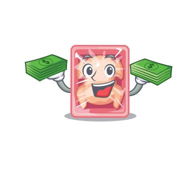 Zengin bir donmuş tavuk çizgi film karakteri. Elinde para var. Vektör illüstrasyonu