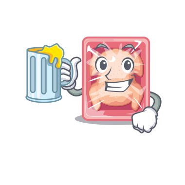 Bir çizgi film konsepti olan donmuş tavuk bir bardak biraya yükselir. Vektör illüstrasyonu