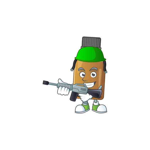 Une élégante bouteille de cure de sirop style mascotte de l'armée en utilisant un pistolet automatique — Image vectorielle