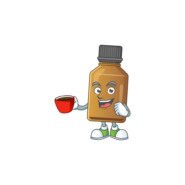 Μια εικόνα κινουμένων σχεδίων χαρακτήρα του σιροπιού θεραπεία μπουκάλι με ένα φλιτζάνι καφέ — Διανυσματικό Αρχείο