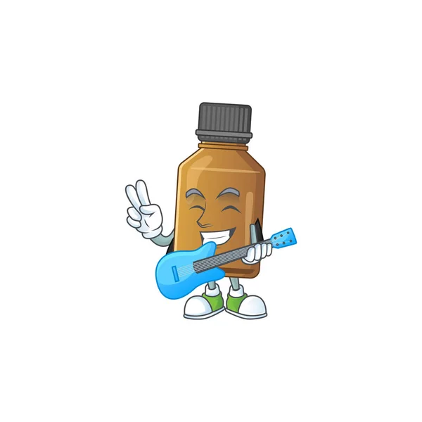 Glückliches Gesicht der Sirup-Kur-Flasche Cartoon spielt Musik mit einer Gitarre — Stockvektor