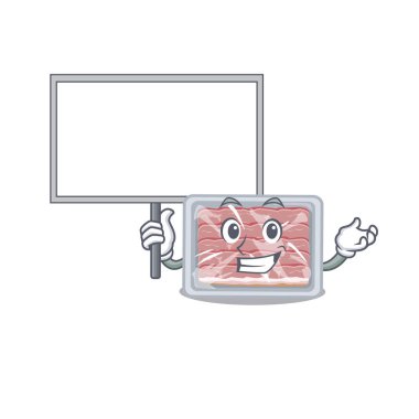 Donmuş füme pastırma maskotu tasarımı ikonu bir tahta getiriyor. Vektör illüstrasyonu