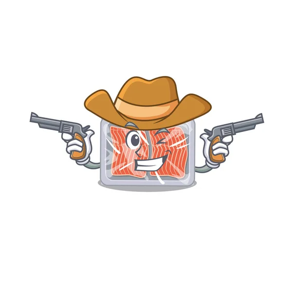 Aranyos Jóképű Cowboy Fagyasztott Lazac Rajzfilmfigura Fegyverekkel Vektorillusztráció — Stock Vector