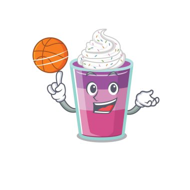 Basketbol ile muhteşem kokteyl jölesi maskotu tasarımı. Vektör illüstrasyonu