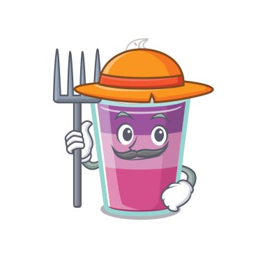 Çizgi film karakteri tasarımı. Şapkalı ve dirgenli bir çiftçi olarak kokteyl jölesi. Vektör illüstrasyonu