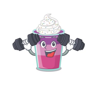 Gülümseyen Fitness Egzersiz Kokteyli 'nin maskot tasarımı halterleri kaldırıyor. Vektör illüstrasyonu