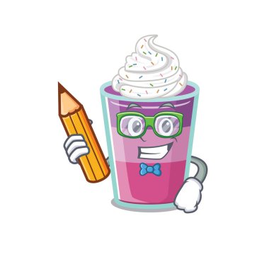 Kalem ve gözlüklü zeki bir öğrenci kokteyl jölesi çizgi film karakteri. Vektör illüstrasyonu