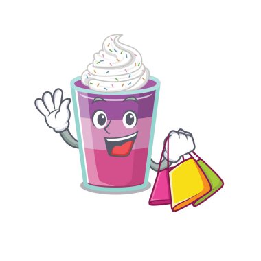 Zengin ve ünlü kokteyl jölesi çizgi film karakteri alışveriş torbaları tutuyor. Vektör illüstrasyonu