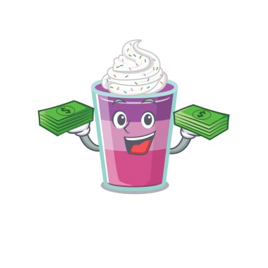 Zengin bir kokteyl jölesi çizgi film karakteri. Elinde para var. Vektör illüstrasyonu