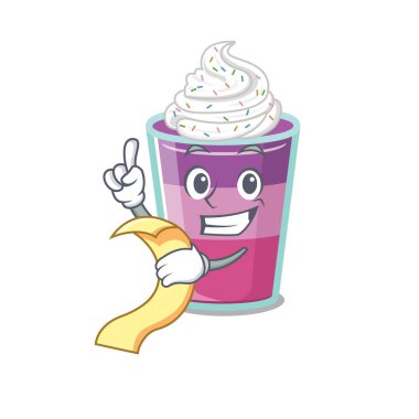 Elinde menü olan kokteyl jölesi maskotu tasarımı. Vektör illüstrasyonu