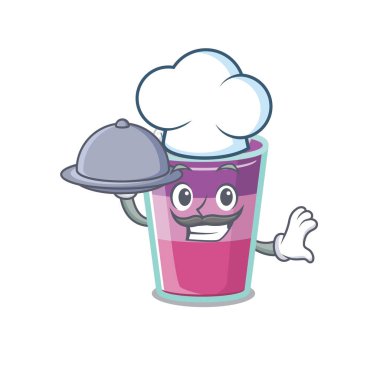 Kokteyl jöle şefi çizgi film karakteri tepside yemek servisi yapıyor. Vektör illüstrasyonu