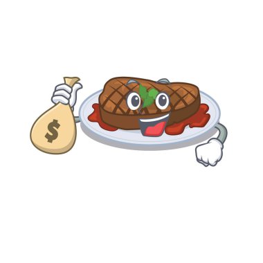 Zengin ızgara biftek karikatür tasarımı para çantaları taşır. Vektör illüstrasyonu