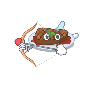 Oklu ve kanatlı çizgi film karakteri ızgara biftek. Vektör illüstrasyonu