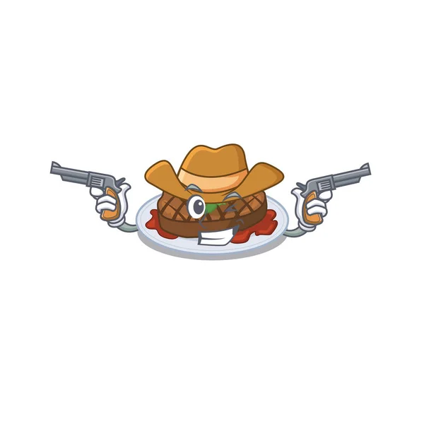 Cute Handsome Cowboy Grilled Steak Cartoon Character Guns Vector Illustration — Stock Vector