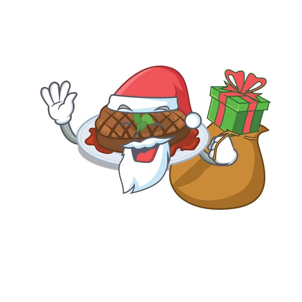 Cartoon Design Grilled Steak Santa Christmas Gift Vector Illustration — Stock Vector