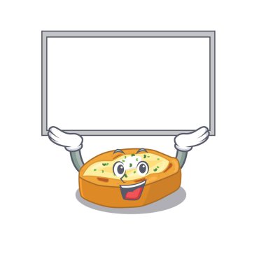 Fırında patateslerin maskot tasarımı bir tahtayı kaldırıyor. Vektör illüstrasyonu