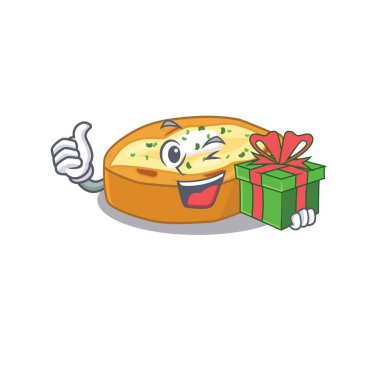 Yeşil hediye kutusu olan gülümseyen patates çizgi film karakteri. Vektör illüstrasyonu