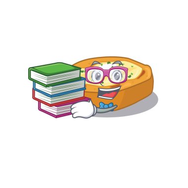 Fırında patates maskotu tasarımı konusunda çalışkan bir öğrenci ve kitaplar. Vektör illüstrasyonu