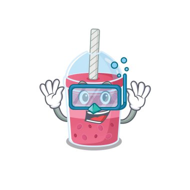 Çilekli çay maskotu tasarımı konsepti dalış gözlüğü takıyor. Vektör illüstrasyonu