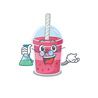 Çilekli çay, akıllı Profesör Çizgi Film tasarımı, cam tüple çalışıyor. Vektör illüstrasyonu