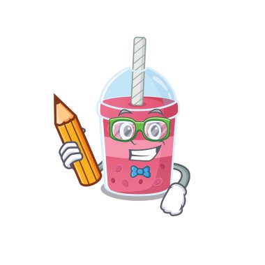 Zeki bir öğrenci çilek çayı karakteri. Kalem ve gözlüklü.
