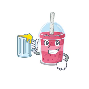 Çilek çayının çizgi film konsepti bir bardak birayı yükseltir.