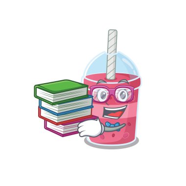 Çilekli balonlu çay maskot tasarımı ve kitaplarla uğraşan çalışkan bir öğrenci.