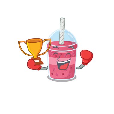 Çilekli çay maskot tasarımı tarzında zarif bir boks şampiyonu.