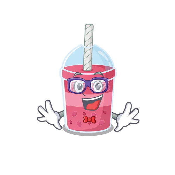 Maskottchen-Design-Stil von Geek Erdbeer Bubble Tea mit Gläsern — Stockvektor