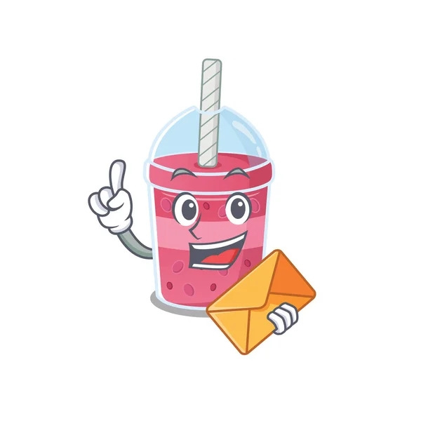 Concepto de diseño de la mascota del té burbuja fresa feliz con sobre marrón — Vector de stock