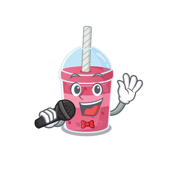 Talentierte Sängerin der Erdbeer-Bubble-Tea-Cartoon-Figur mit Mikrofon — Stockvektor