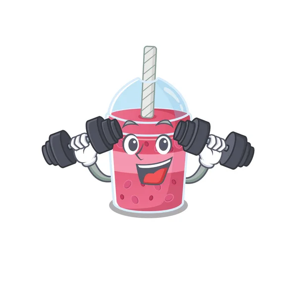Desain Maskot Dari Latihan Fitness Teh Strawberry Bulatan Tersenyum Mengangkat Stok Vektor
