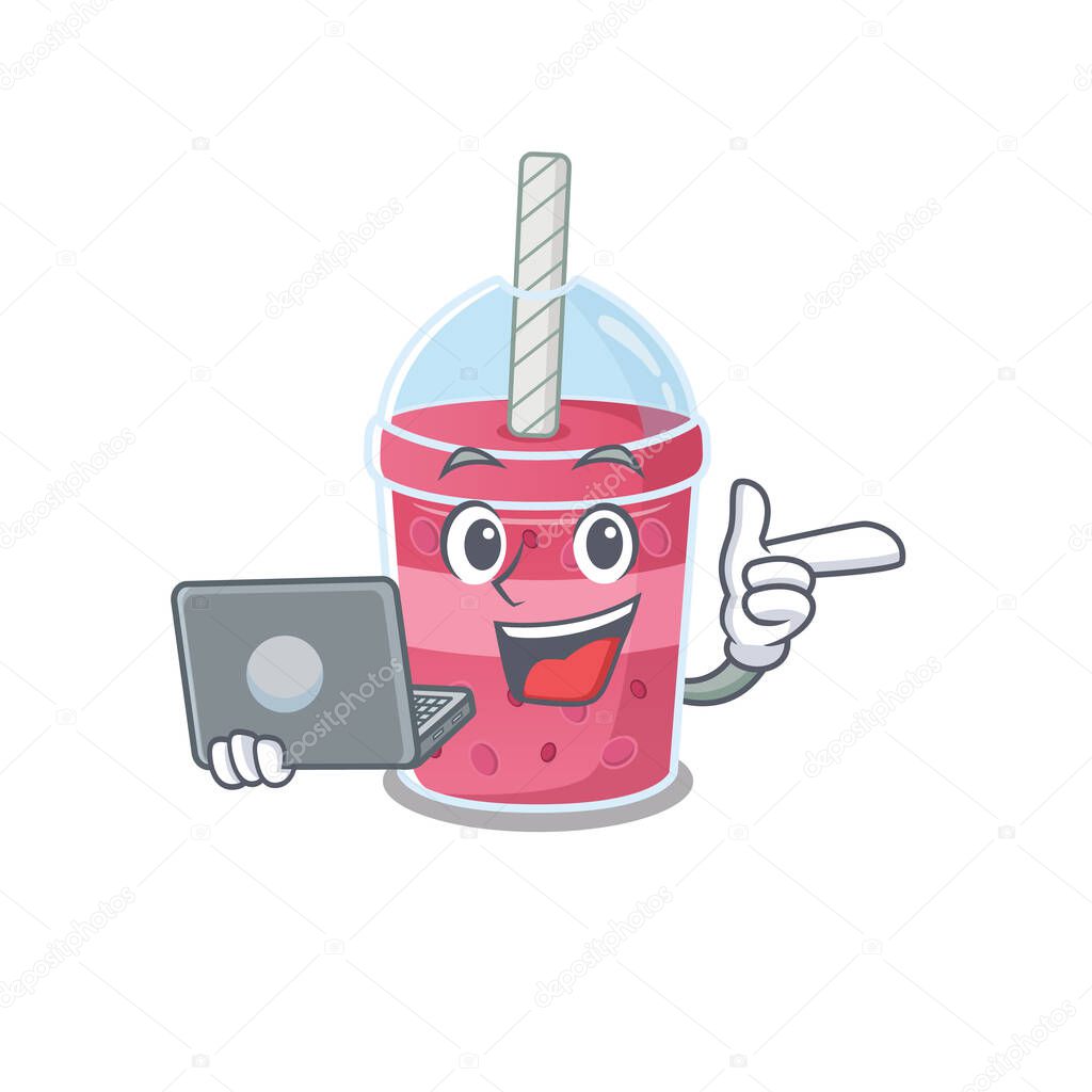 Cartoon character of strawberry bubble tea clever student studying with a laptop. Vector illustration