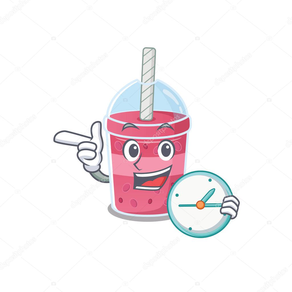 Strawberry bubble tea mascot design concept smiling with clock