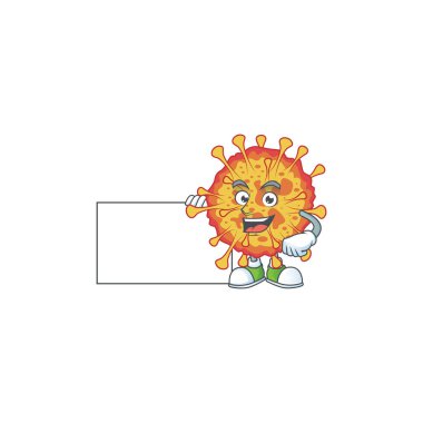 Komik salgın hastalıklı COVID19 çizgi film tasarımı beyaz tahtayla destekleniyor. Vektör illüstrasyonu