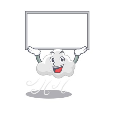 Bulutlu rüzgarın maskot tasarımı bir tahtayı kaldırıyor. Vektör illüstrasyonu