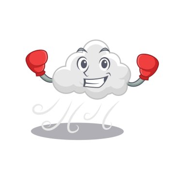 Kırmızı boks eldivenli, bulutlu rüzgarlı, sportif bir boks maskotu tasarımı. Vektör illüstrasyonu