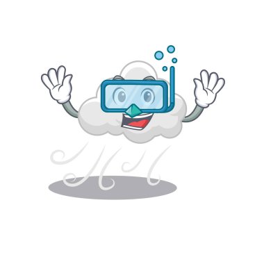 Bulutlu rüzgarlı maskot tasarımı konsepti dalış gözlüğü takıyor. Vektör illüstrasyonu