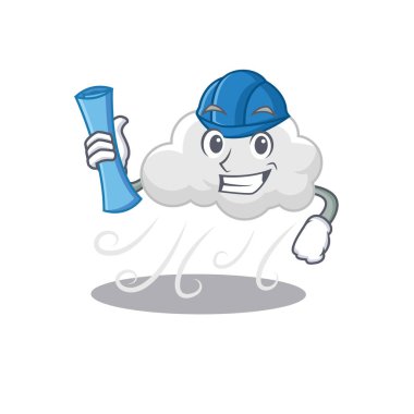 Mavi baskılı ve mavi kasklı bulutlu, rüzgarlı, zeki mimarın çizgi film karakteri. Vektör illüstrasyonu