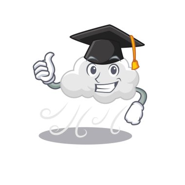 Tören için siyah mezuniyet şapkalı bulutlu rüzgarın mutlu yüzü. Vektör illüstrasyonu