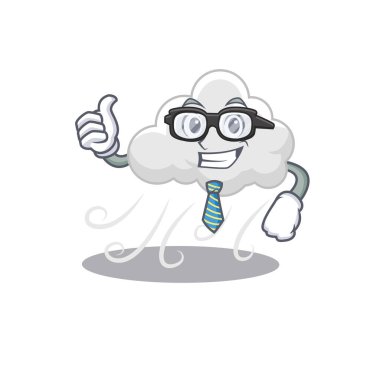 Gözlük ve kravat takan zarif, rüzgarlı bir iş adamı maskotu tasarımı. Vektör illüstrasyonu