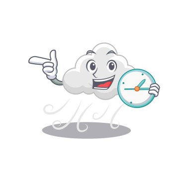 Bulutlu rüzgarlı maskot tasarımı konsepti saatle gülümsüyor. Vektör illüstrasyonu