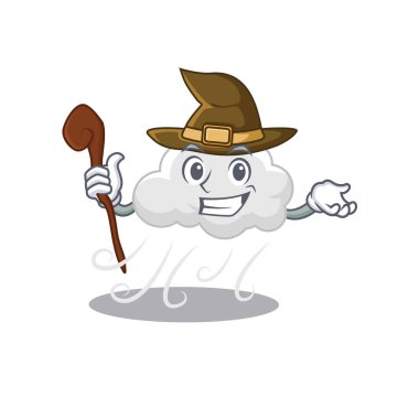 Bulutlu, rüzgarlı, sinsi ve aldatıcı cadı çizgi film karakteri. Vektör illüstrasyonu