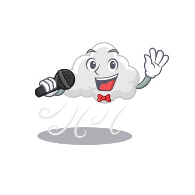 Bulutlu, rüzgarlı çizgi film karakterinin yetenekli şarkıcısı mikrofon tutuyor. Vektör illüstrasyonu