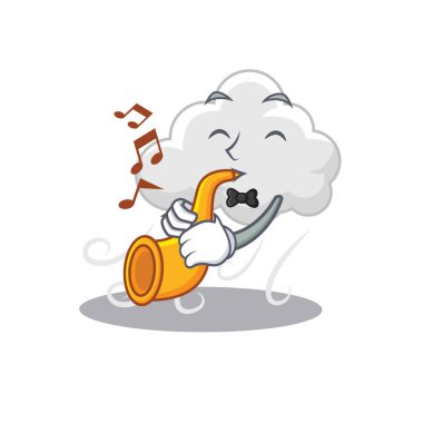 Bulutlu karikatür dizaynında trompet çalan yetenekli bir müzisyen. Vektör illüstrasyonu