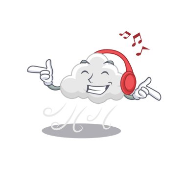 Bulutlu rüzgarlı çizgi film tasarımı müzik dinleme konsepti. Vektör illüstrasyonu