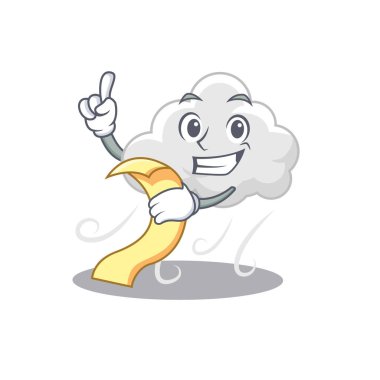 Bulutlu, rüzgarlı, elinde menü olan bir maskot tasarımı. Vektör illüstrasyonu