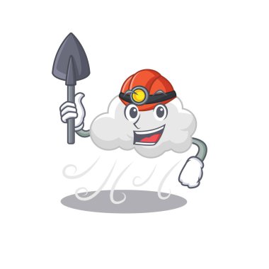 Bulutlu rüzgarlı madenci çizgi film tasarım konsepti, alet ve kaskla. Vektör illüstrasyonu