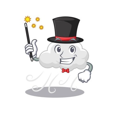 Bulutlu, rüzgarlı çizgi film tasarımlı çekici bir sihirbaz. Vektör illüstrasyonu