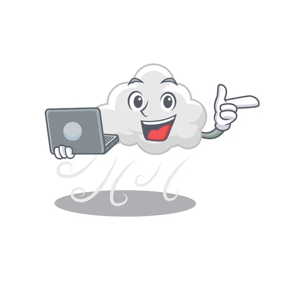 Personagem Desenhos Animados Estudante Inteligente Vento Nublado Estudando Com Laptop —  Vetores de Stock